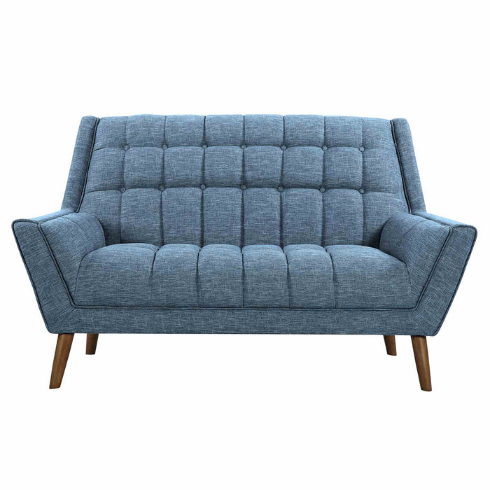 Cobra Mid-Century Modern Loveseat in Blue Linen and Walnut Legs