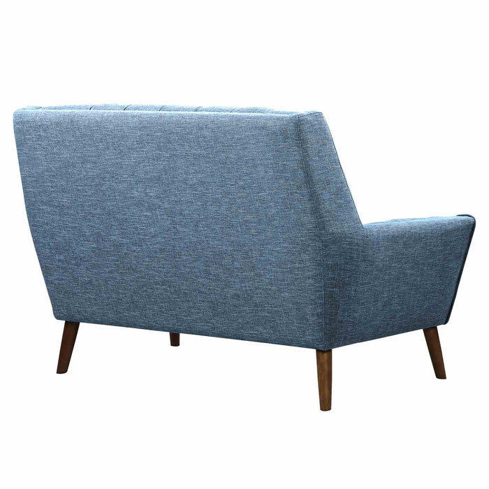 Cobra Mid-Century Modern Loveseat in Blue Linen and Walnut Legs