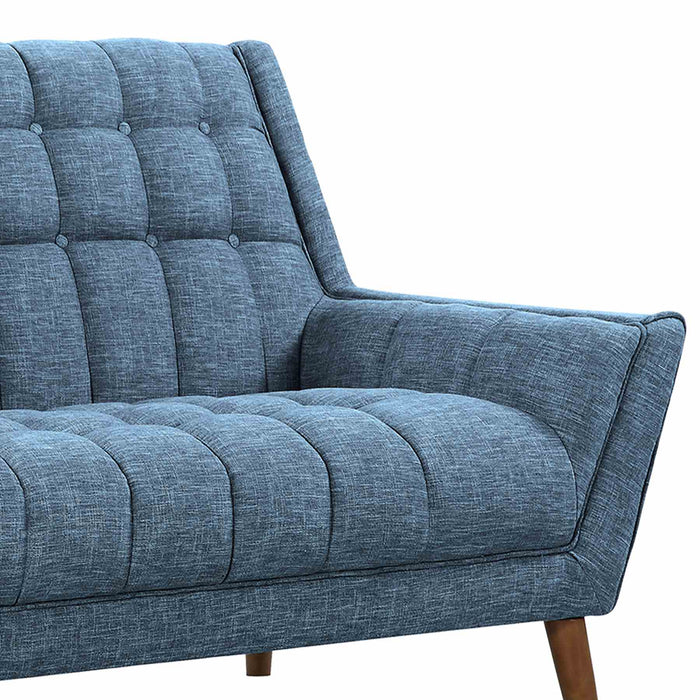 Cobra Mid-Century Modern Loveseat in Blue Linen and Walnut Legs