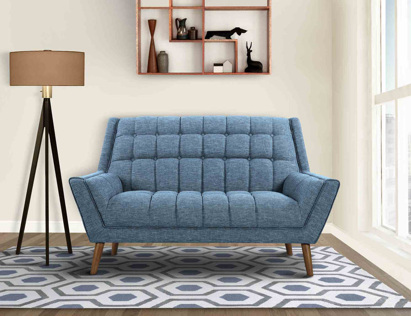 Cobra Mid-Century Modern Loveseat in Blue Linen and Walnut Legs - Furniture City (CA)l