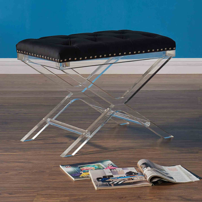 Cody Modern and Contemporary Tufted Ottoman in Black Velvet with Acrylic Legs - Furniture City (CA)l