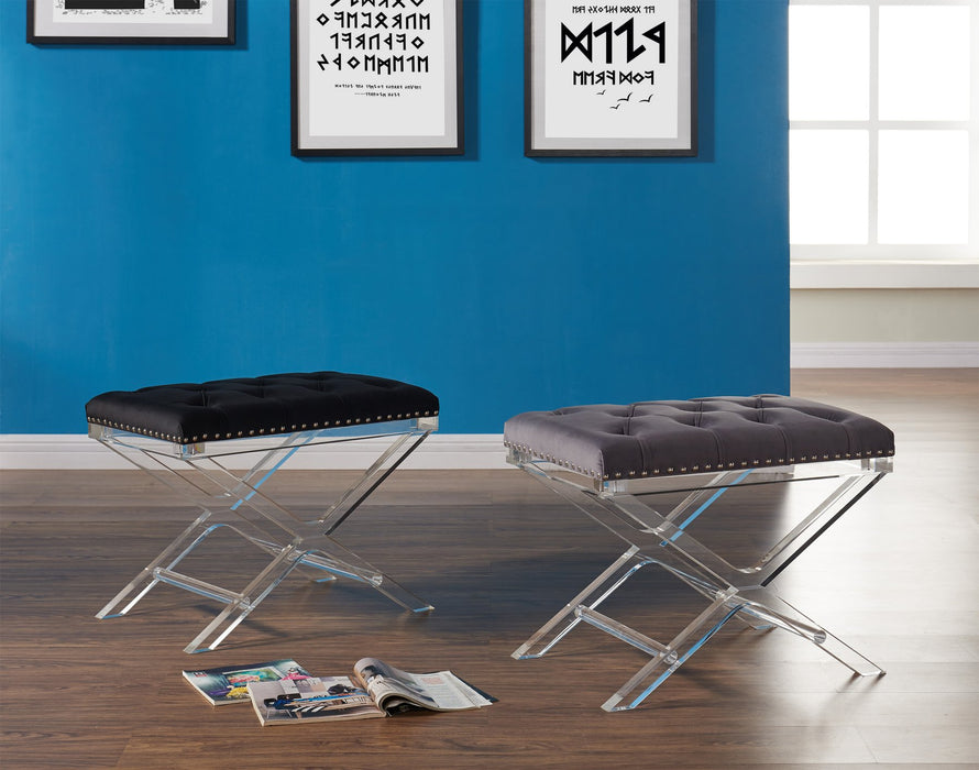 Cody Modern and Contemporary Tufted Ottoman in Black Velvet with Acrylic Legs