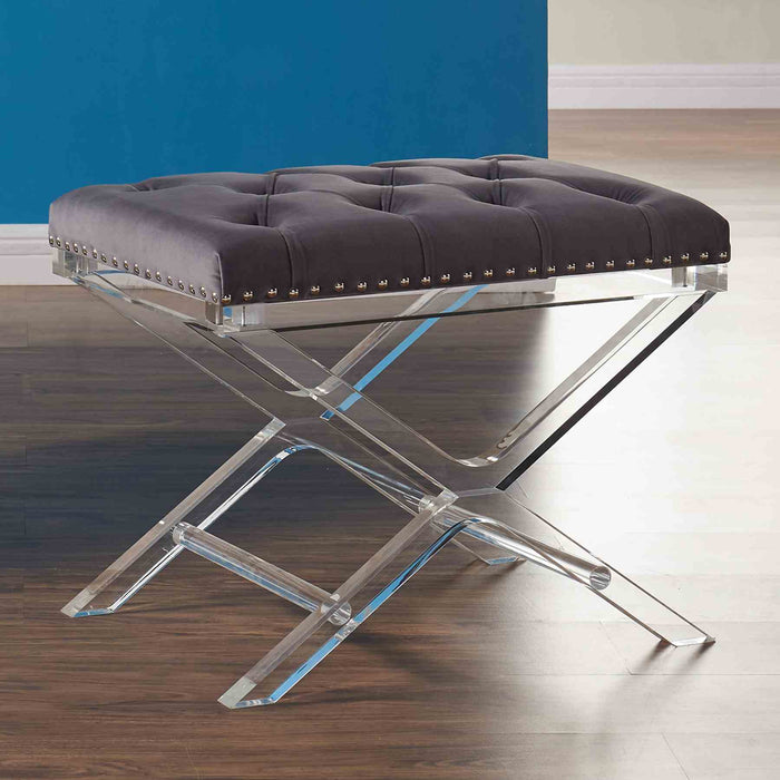 Cody Modern and Contemporary Tufted Ottoman in Gray Velvet with Acrylic Legs