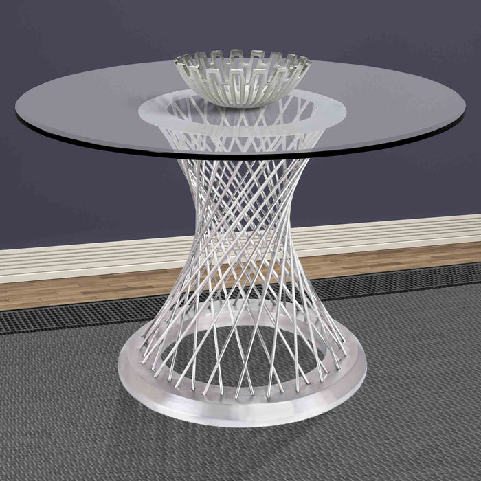 Calypso Contemporary Dining Table in Brushed Stainless Steel with Clear Tempered Glass Top