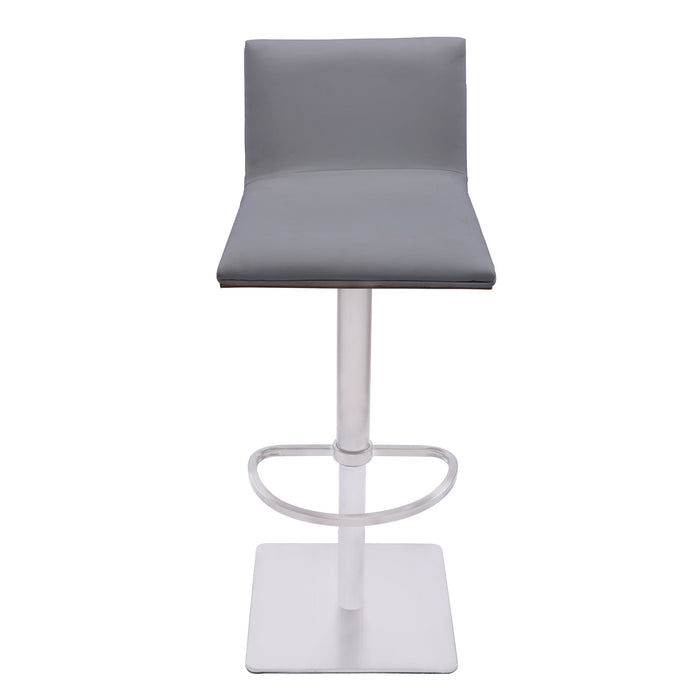 Crystal Barstool in Brushed Stainless Steel finish with Gray Faux Leather and Walnut Back