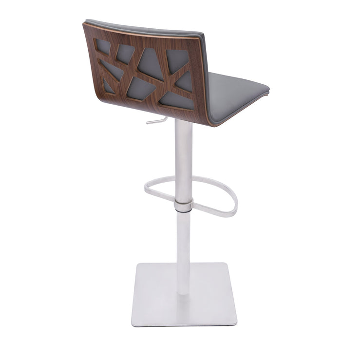 Crystal Barstool in Brushed Stainless Steel finish with Gray Faux Leather and Walnut Back