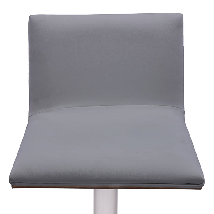 Crystal Barstool in Brushed Stainless Steel finish with Gray Faux Leather and Walnut Back