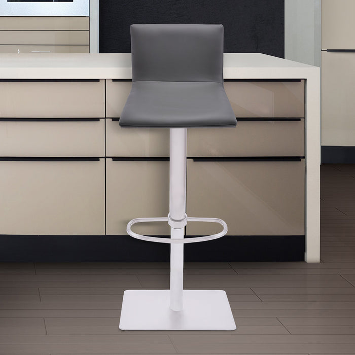 Crystal Barstool in Brushed Stainless Steel finish with Gray Faux Leather and Walnut Back