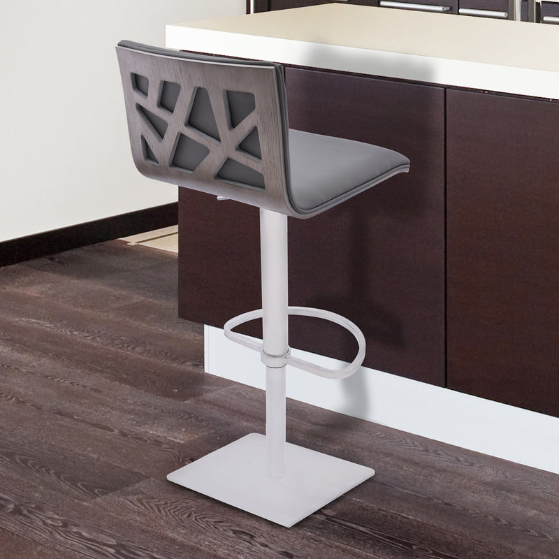 Crystal Adjustable Height Swivel Gray Faux Leather and Gray Walnut Bar Stool with Brushed Stainless Steel Base - Furniture City (CA)l