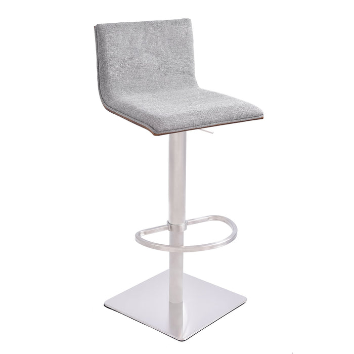 Crystal Adjustable Height Swivel Gray Fabric and Walnut Bar Stool with Brushed Stainless Steel Base