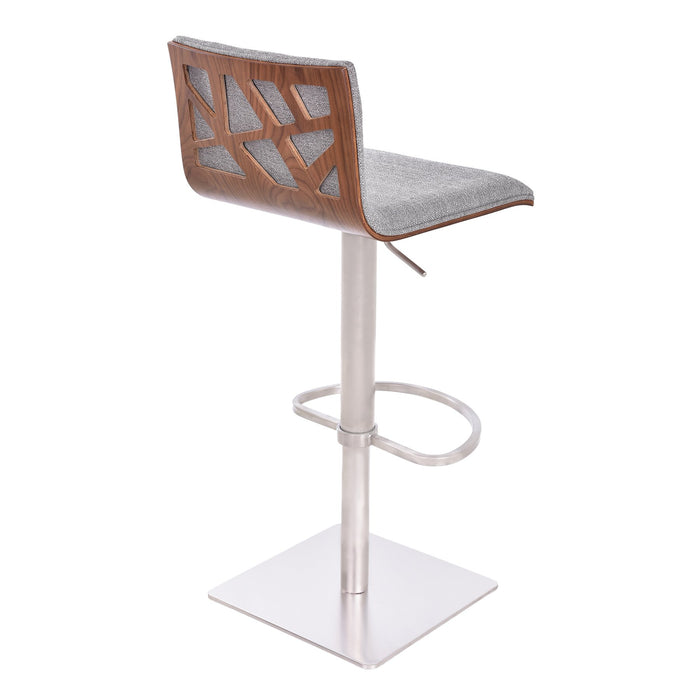 Crystal Adjustable Height Swivel Gray Fabric and Walnut Bar Stool with Brushed Stainless Steel Base