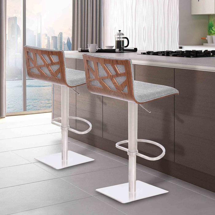 Crystal Adjustable Height Swivel Gray Fabric and Walnut Bar Stool with Brushed Stainless Steel Base