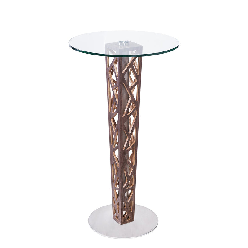 Crystal Bar Table with Walnut Veneer column and Brushed Stainless Steel finish with Clear Tempered Glass Top - Furniture City (CA)l