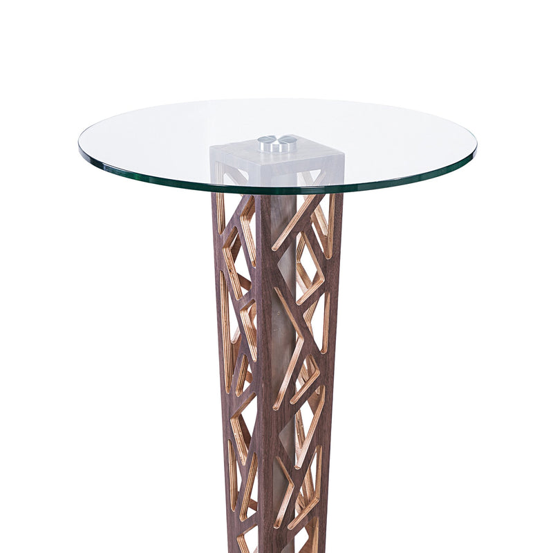 Crystal Bar Table with Walnut Veneer column and Brushed Stainless Steel finish with Clear Tempered Glass Top - Furniture City (CA)l