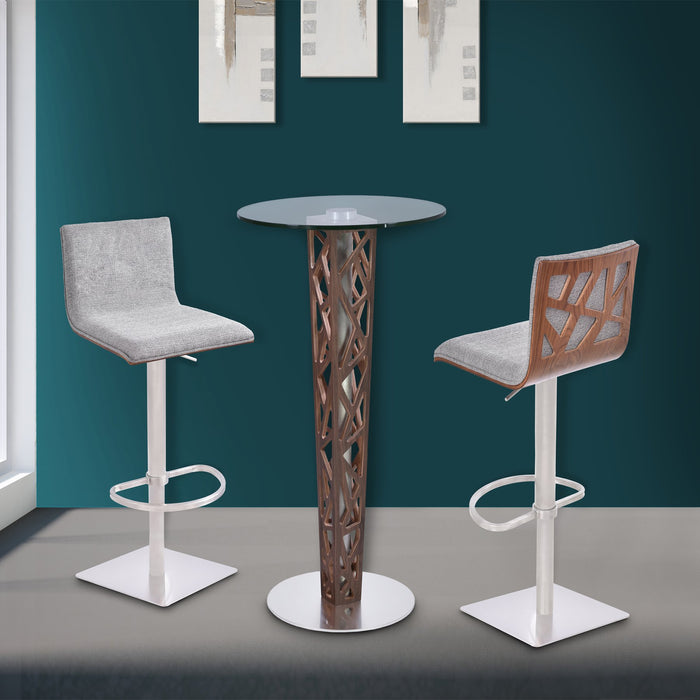 Crystal Bar Table with Walnut Veneer column and Brushed Stainless Steel finish with Clear Tempered Glass Top