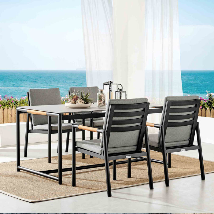 Crown Black Aluminum and Teak Outdoor Dining Chair with Dark Gray Fabric - Set of 2