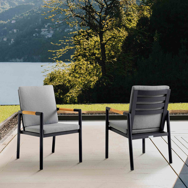 Crown Black Aluminum and Teak Outdoor Dining Chair with Dark Gray Fabric - Set of 2 - Furniture City (CA)l