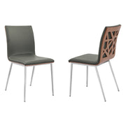 Crystal Dining Chair in Brushed Stainless Steel finish with Gray Faux Leather and Walnut Back - Set of 2 - Furniture City (CA)l