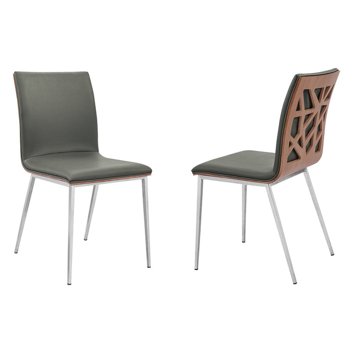 Crystal Dining Chair in Brushed Stainless Steel finish with Gray Faux Leather and Walnut Back - Set of 2