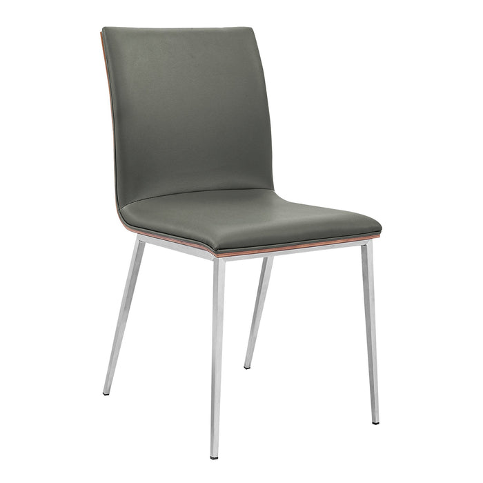 Crystal Dining Chair in Brushed Stainless Steel finish with Gray Faux Leather and Walnut Back - Set of 2