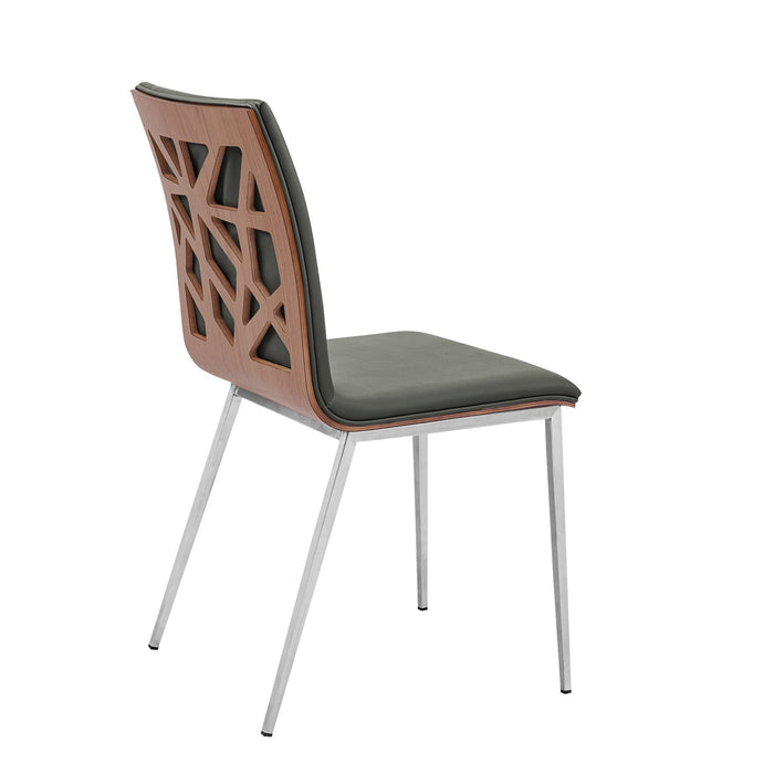 Crystal Dining Chair in Brushed Stainless Steel finish with Gray Faux Leather and Walnut Back - Set of 2