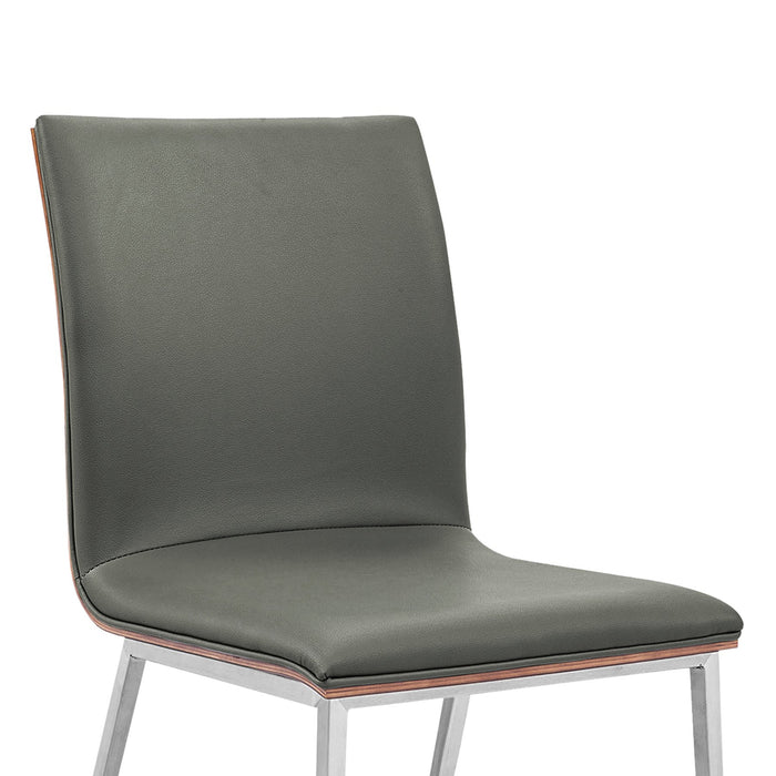 Crystal Dining Chair in Brushed Stainless Steel finish with Gray Faux Leather and Walnut Back - Set of 2