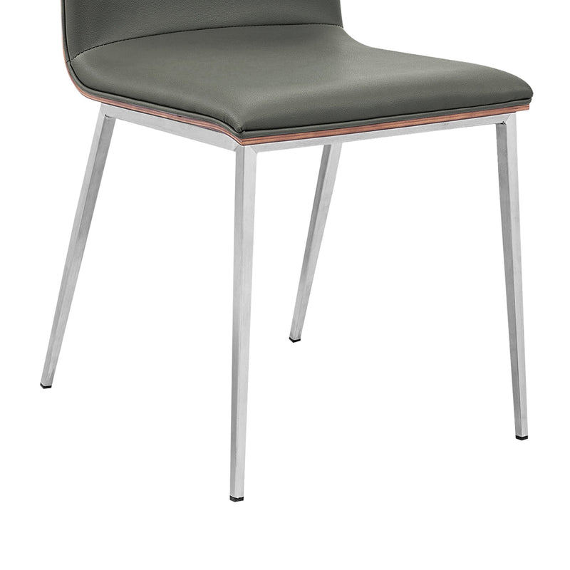 Crystal Dining Chair in Brushed Stainless Steel finish with Gray Faux Leather and Walnut Back - Set of 2 - Furniture City (CA)l