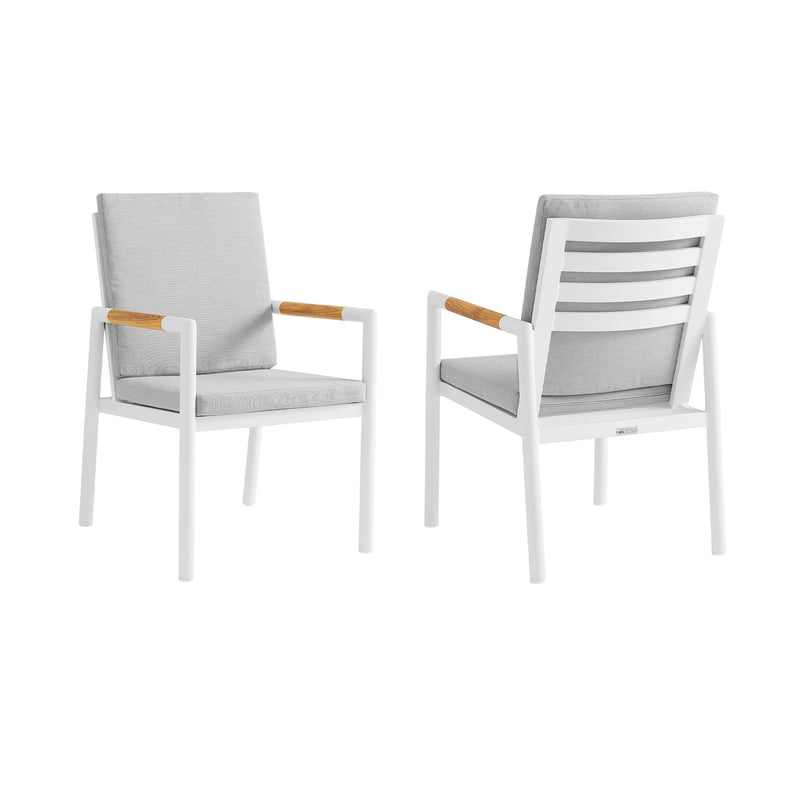 Crown White Aluminum and Teak Outdoor Dining Chair with Light Gray Fabric - Set of 2 - Furniture City (CA)l