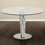 Crystal 48" Round Dining Table in Gray Walnut Veneer column and Brushed Stainless Steel finish with Clear Tempered Glass Top - Furniture City (CA)l