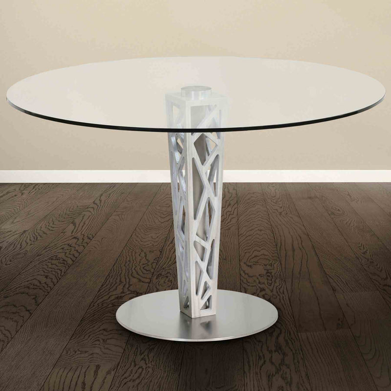 Crystal 48" Round Dining Table in Gray Walnut Veneer column and Brushed Stainless Steel finish with Clear Tempered Glass Top - Furniture City (CA)l