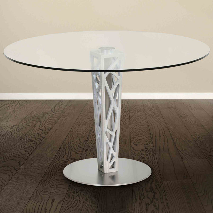 Crystal 48" Round Dining Table in Gray Walnut Veneer column and Brushed Stainless Steel finish with Clear Tempered Glass Top