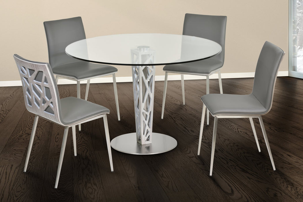 Crystal 48" Round Dining Table in Gray Walnut Veneer column and Brushed Stainless Steel finish with Clear Tempered Glass Top
