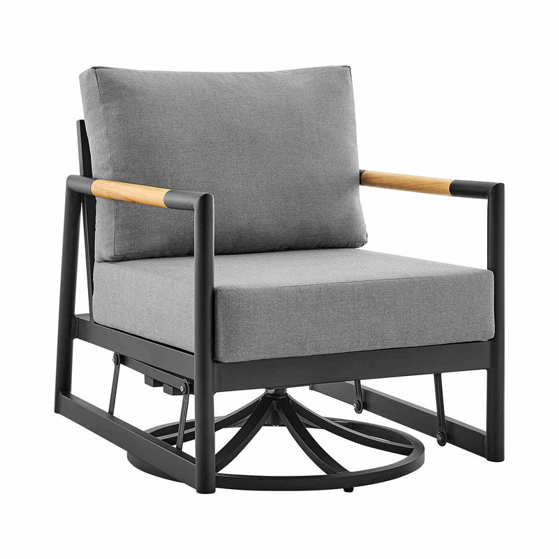 Crown Outdoor Patio Swivel Glider Lounge Chair in Black Aluminum and Teak Wood with Cushions - Furniture City (CA)l