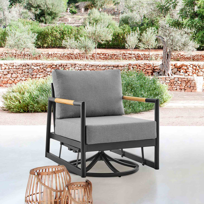 Crown Outdoor Patio Swivel Glider Lounge Chair in Black Aluminum and Teak Wood with Cushions - Furniture City (CA)l