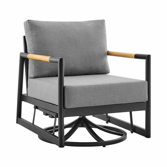 Crown Outdoor Patio Swivel Glider Lounge Chair in Black Aluminum and Teak Wood with Cushions