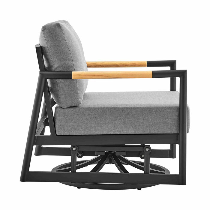 Crown Outdoor Patio Swivel Glider Lounge Chair in Black Aluminum and Teak Wood with Cushions