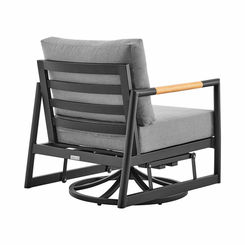 Crown Outdoor Patio Swivel Glider Lounge Chair in Black Aluminum and Teak Wood with Cushions - Furniture City (CA)l