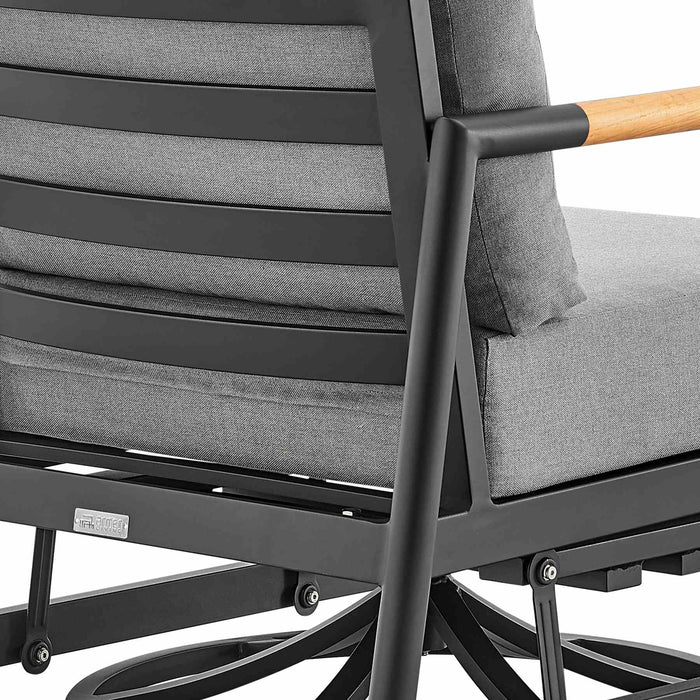 Crown Outdoor Patio Swivel Glider Lounge Chair in Black Aluminum and Teak Wood with Cushions