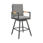 Crown Outdoor Patio Swivel Counter Stool in Black Aluminum with Wood Accent and Dark Gray Cushions - Furniture City (CA)l