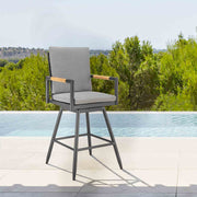 Crown Outdoor Patio Swivel Counter Stool in Black Aluminum with Wood Accent and Dark Gray Cushions - Furniture City (CA)l