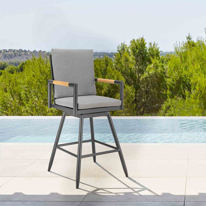 Crown Outdoor Patio Swivel Counter Stool in Black Aluminum with Wood Accent and Dark Gray Cushions