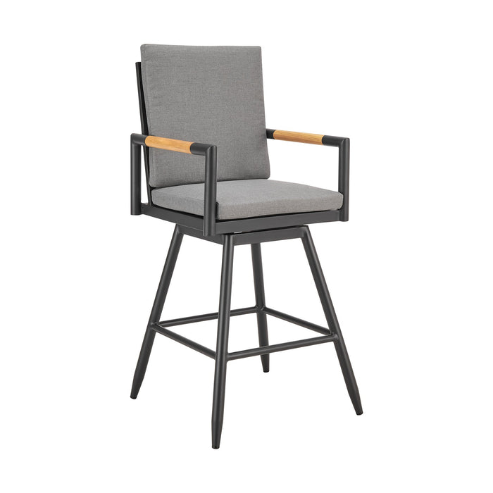 Crown Outdoor Patio Swivel Counter Stool in Black Aluminum with Wood Accent and Dark Gray Cushions