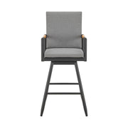 Crown Outdoor Patio Swivel Counter Stool in Black Aluminum with Wood Accent and Dark Gray Cushions - Furniture City (CA)l