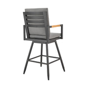 Crown Outdoor Patio Swivel Counter Stool in Black Aluminum with Wood Accent and Dark Gray Cushions - Furniture City (CA)l