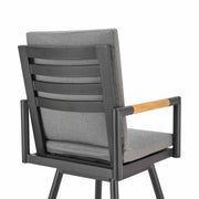 Crown Outdoor Patio Swivel Counter Stool in Black Aluminum with Wood Accent and Dark Gray Cushions - Furniture City (CA)l