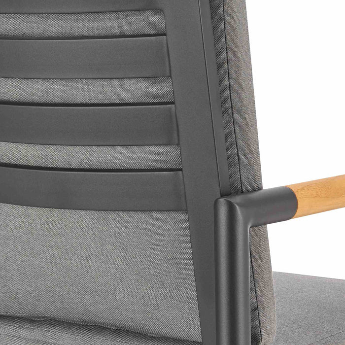 Crown Outdoor Patio Swivel Counter Stool in Black Aluminum with Wood Accent and Dark Gray Cushions