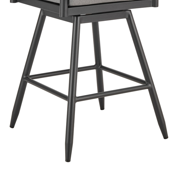 Crown Outdoor Patio Swivel Counter Stool in Black Aluminum with Wood Accent and Dark Gray Cushions