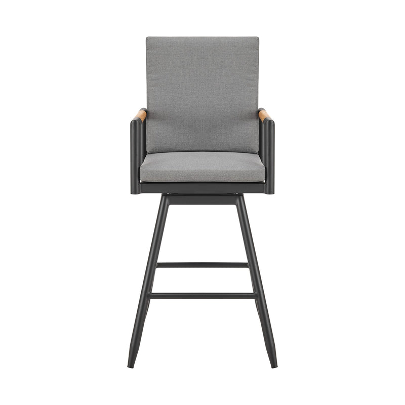 Crown Outdoor Patio Swivel Bar Stool in Black Aluminum with Wood Accent and Dark Gray Cushions - Furniture City (CA)l
