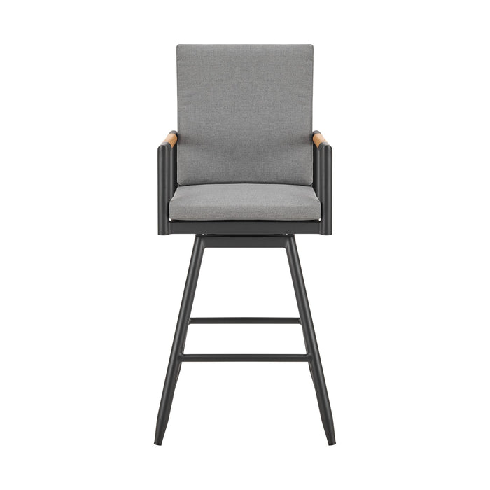 Crown Outdoor Patio Swivel Bar Stool in Black Aluminum with Wood Accent and Dark Gray Cushions