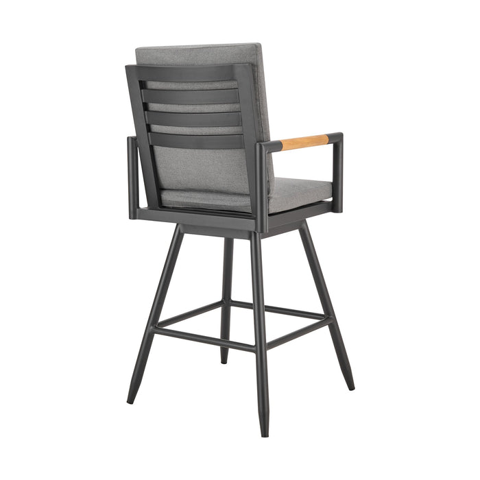 Crown Outdoor Patio Swivel Bar Stool in Black Aluminum with Wood Accent and Dark Gray Cushions